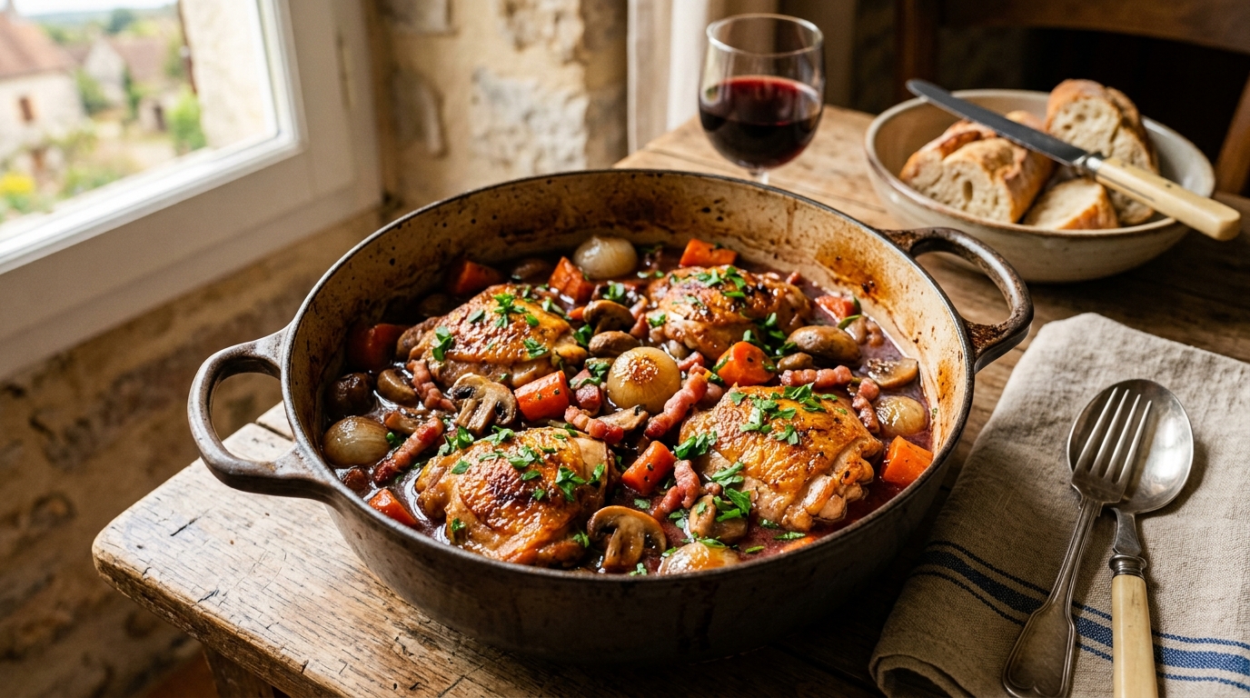 Chicken Bourguignon With Bacon and Mushrooms